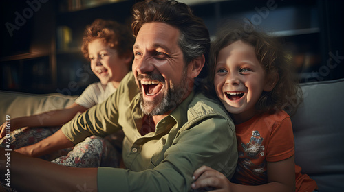 Joyful Family Movie Night, heartwarming scene of a father laughing with his children during a family movie night, encapsulating the joy and bonding of shared experiences. © Viktorikus