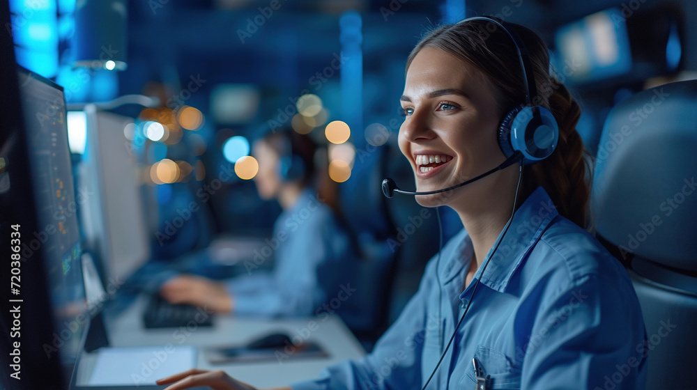 Female Telemarketer in Headset, Consulting Online Customer on Computer in Customer Support Office. Generative AI Female Telemarketer in Headset, Consulting Online Customer on Computer in Customer Support Office. Generative AI