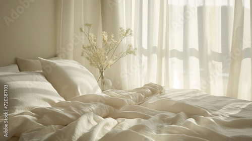Serenity in the Bedroom: White Linen Bedding and Sheer Curtains Bathed in Soft Morning Light with a Touch of Delicate Dried Flowers for a Calm, Peaceful Ambiance.