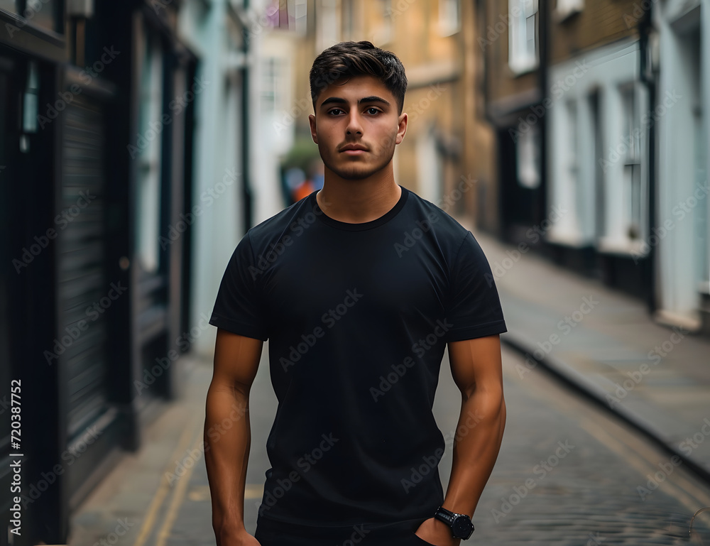 man wearing black t shirt stands on the street