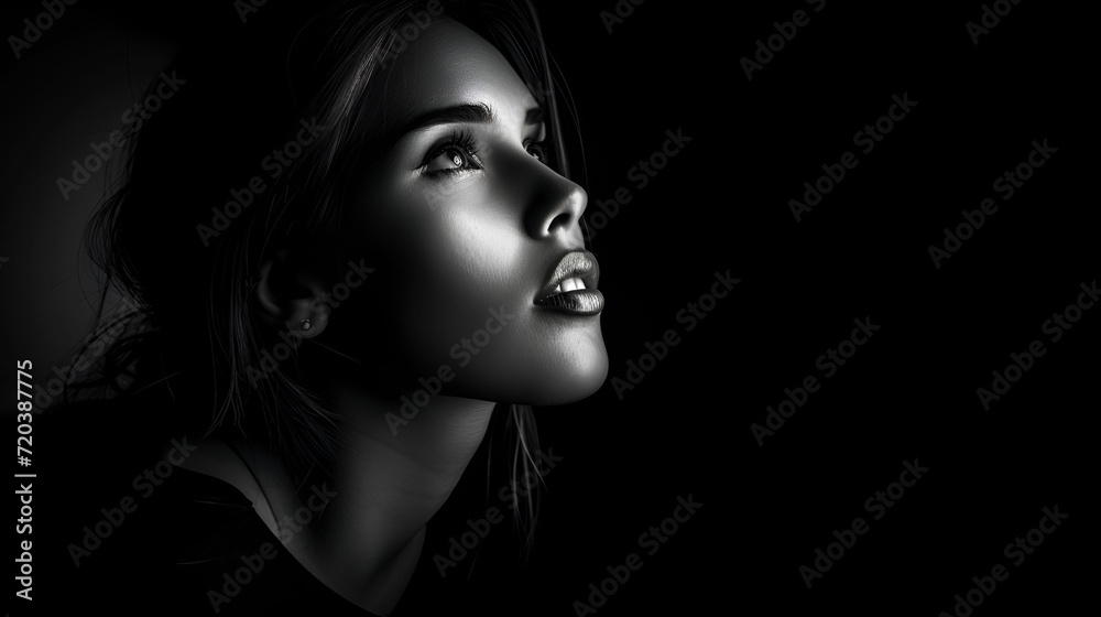 a half-side portrait of a beautiful young woman looking up, posing in black light, in the style of black and white intimacy, naturalistic shadows, silhouette lighting a half-side portrait of a beautiful young woman looking up, posing in black light, in the style of black and white intimacy, naturalistic shadows, silhouette lighting