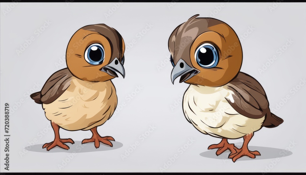 Fototapeta premium Two baby birds with big eyes standing next to each other
