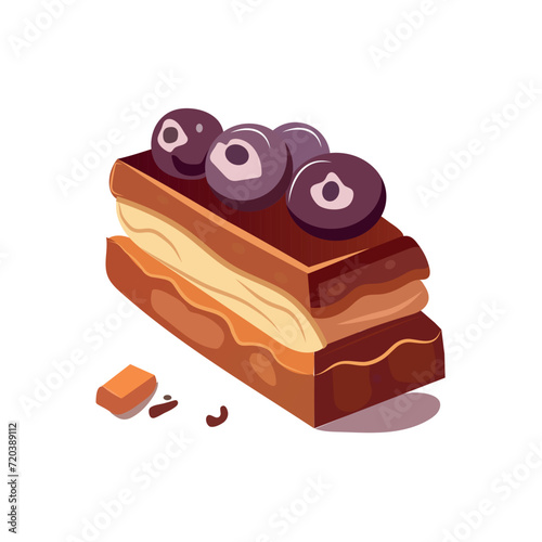 Food element of colorful set. The mouthwatering cake in a whimsical cartoon design captures the essence of indulgence and the joy of desserts against the serene white canvas. Vector illustration.
