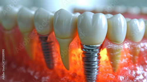 Educational model with post of dental implant between teeth and crowns on table indoors photo