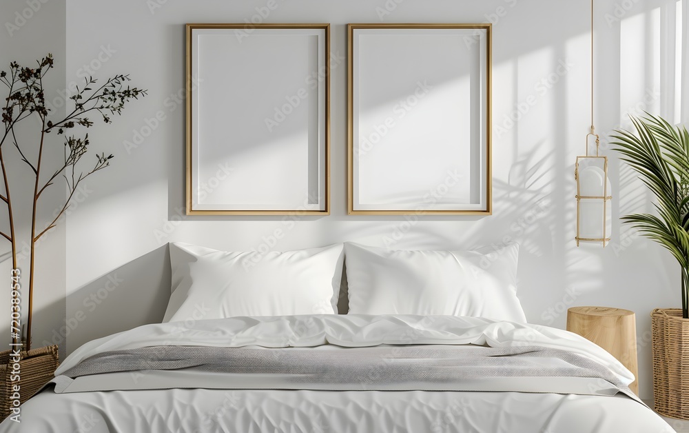 Frames hanging on a wall mockup in bed room home. Blank space for copy text. Generative ai Frames hanging on a wall mockup in bed room home. Blank space for copy text. Generative ai