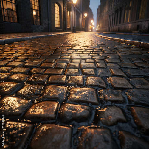 Twilight on Wet Cobblestone: Close-Up of Glistening Stones on an Old City Street Illuminated by Street Lamps at Dusk.