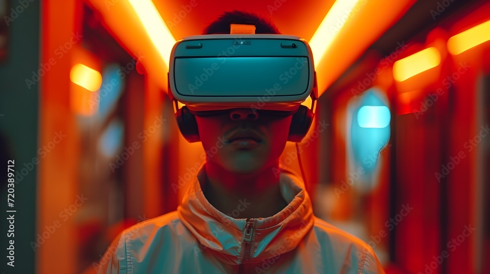 Obraz premium handsome man using VR glasses. handsome guy and virtual reality experience, virtual reality and youth concept