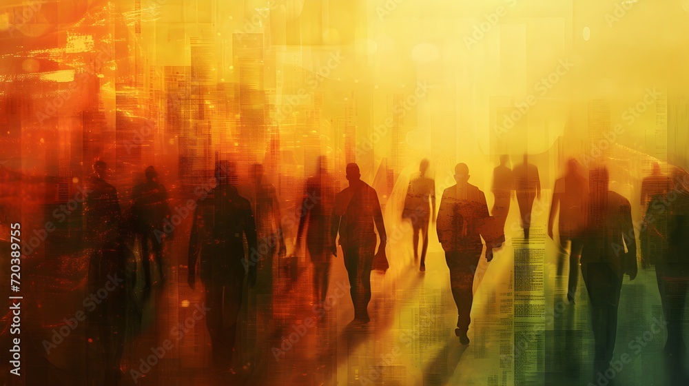 Wallpaper background of abstract paint blur motion bunch of people walking in colorful design illustration. generative ai creative