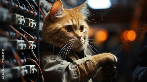 Orange Cat in suit uniform Electricians © siripimon2525