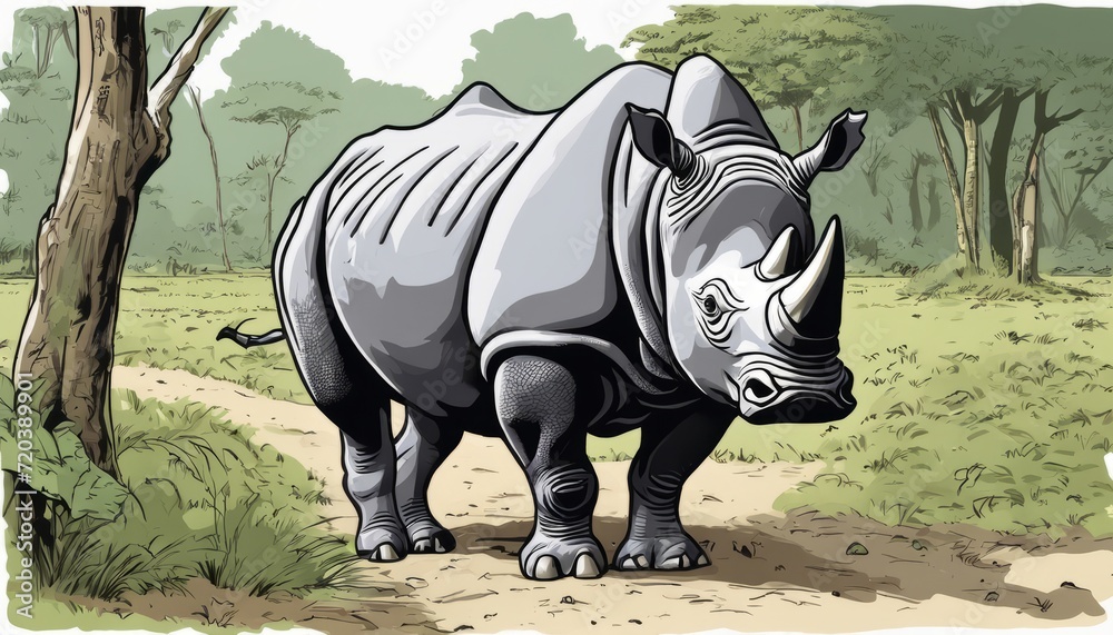Fototapeta premium A gray rhino walking on a dirt road