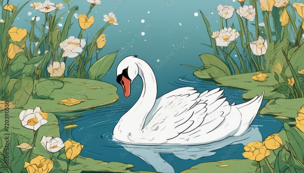 Naklejka premium A white swan swimming in a pond with yellow flowers around it