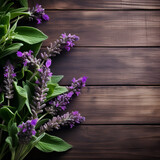 Flowering sage herbs on wooden backgrounds .
