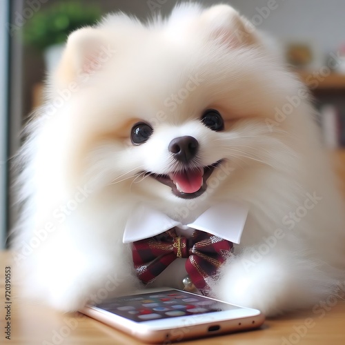 dog pomeranian Smiling He holds a mobile