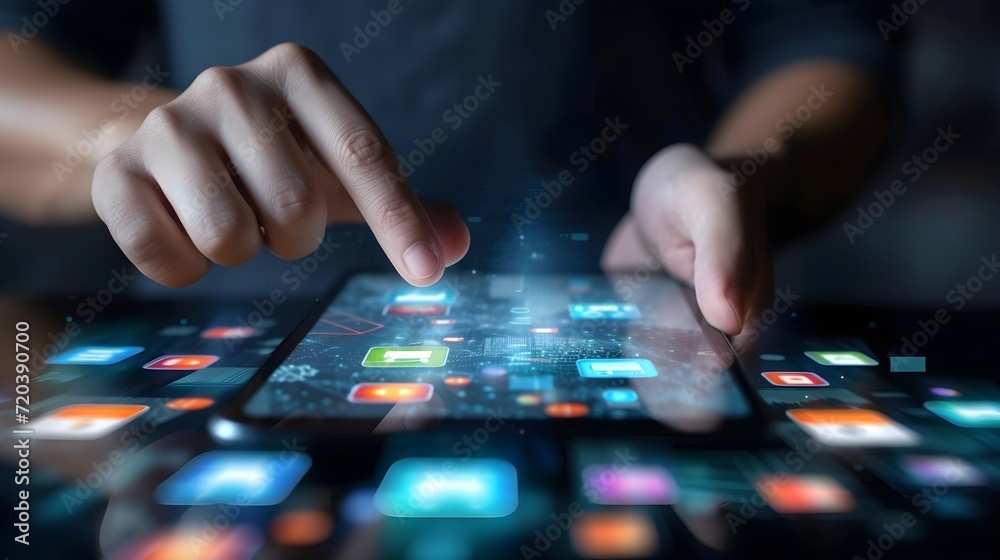 guy touching a mobile app. digital visualization of apps. mobile technology, impact of different mobile apps to people and digital lifestyle concept guy touching a mobile app. digital visualization of apps. mobile technology, impact of different mobile apps to people and digital lifestyle concept