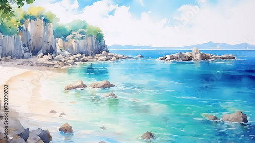 Watercolor Illustration of a Secluded Beach with Rocky Cliffs and Crystal Clear Blue Waters. Serene Tropical Paradise with Lush Foliage and Gentle Shoreline.