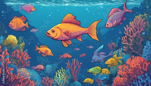 A colorful underwater scene with a goldfish and other fish
