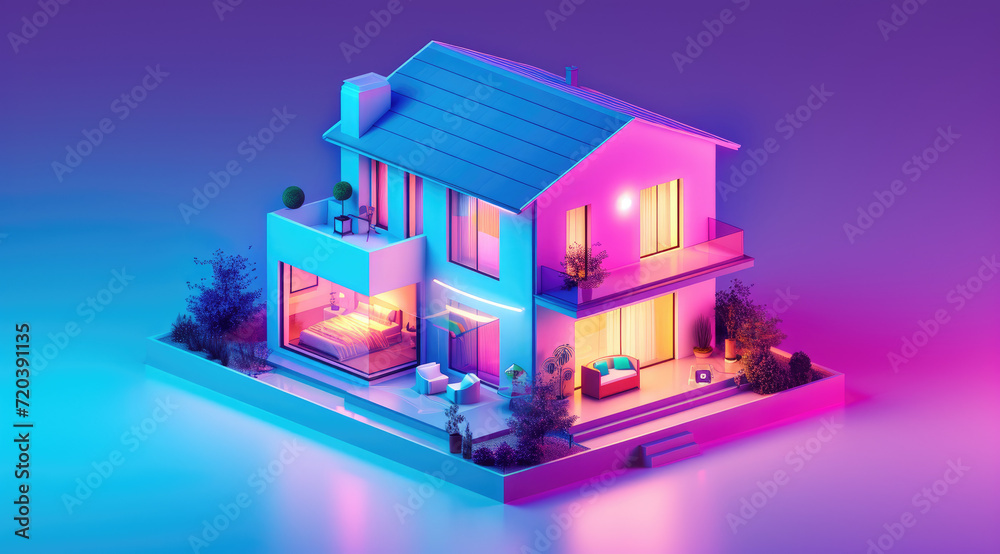 isometric house with glowing purple light