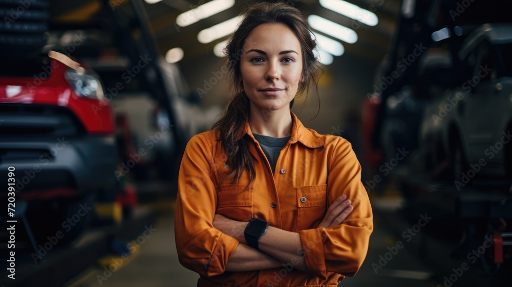 professional mechanic woman, worker working repair leaning under a vehicle in a garage, Auto car repair service center. Mechanic examining car suspension, Generative AI