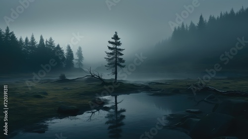 Beautiful foggy swamp landscape. AI generated. photo