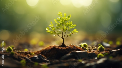Tiny tree growing in soil. AI generated.