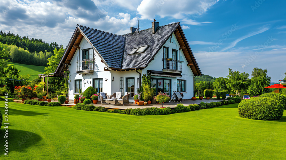 Idyllic German Home: Bright Facade with Lush Green Grass in Perfect Weather Idyllic German Home: Bright Facade with Lush Green Grass in Perfect Weather