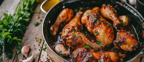 grilled chicken legs mixed with brown garlic sauce , with empty copy space, food advertising, professional food photography 