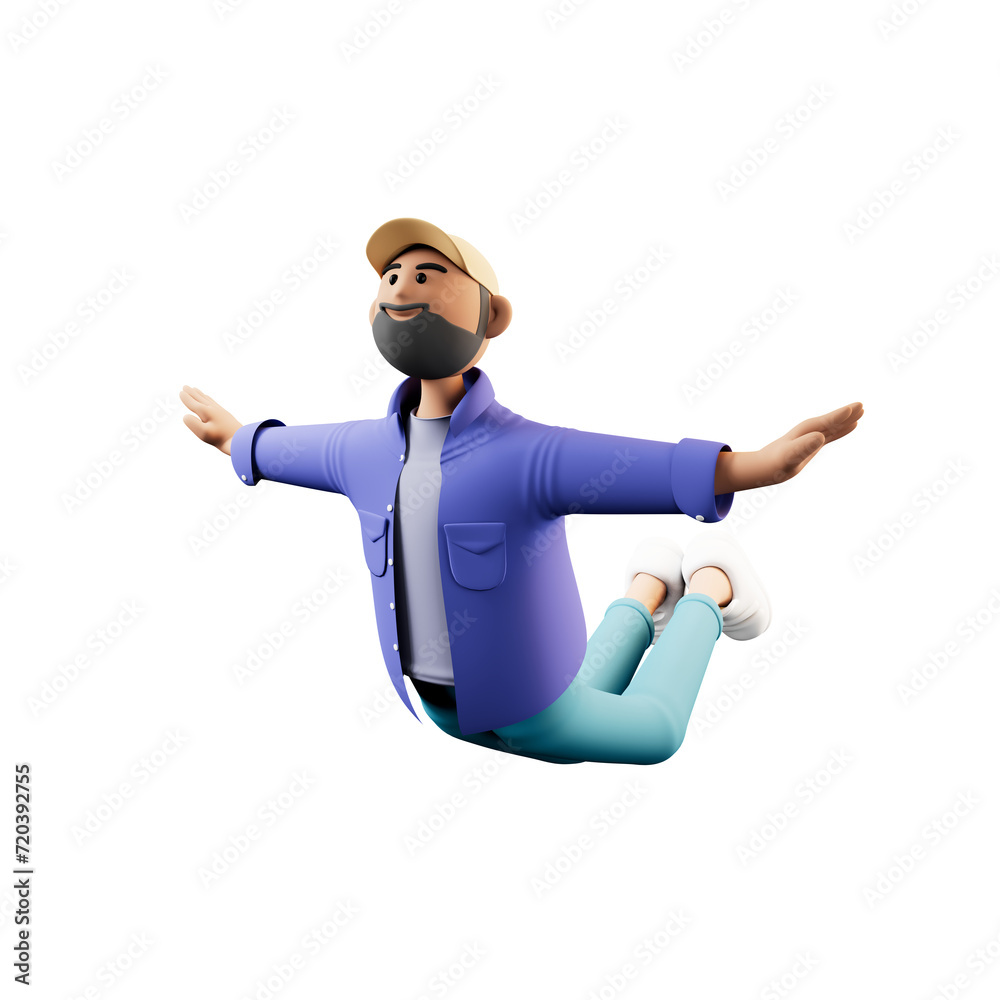 3D illustration of cute smiling man flying in air like a plane. Cartoon falling happy businessman, cheerful freelancer celebrating success.
3D illustration of cute smiling man flying in air like a plane. Cartoon falling happy businessman, cheerful freelancer celebrating success.