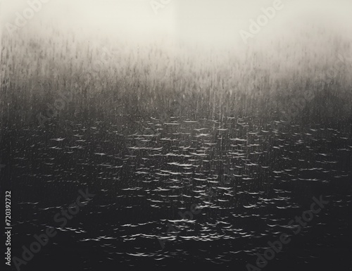 Black and white photo of a heavy rainstorm over a lake with a reedbed dimly seen in the bakcground. From the series “Abstract Noir."