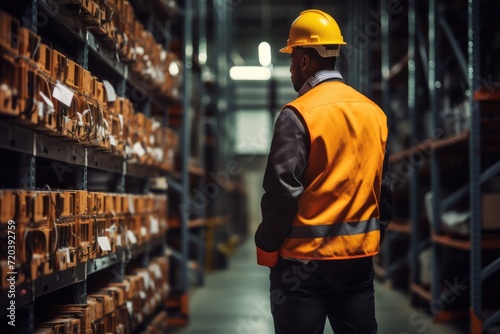 A man wearing a yellow safety vest is standing in a spacious warehouse, Maintenance engineer inspecting electrical warehouse, AI Generated