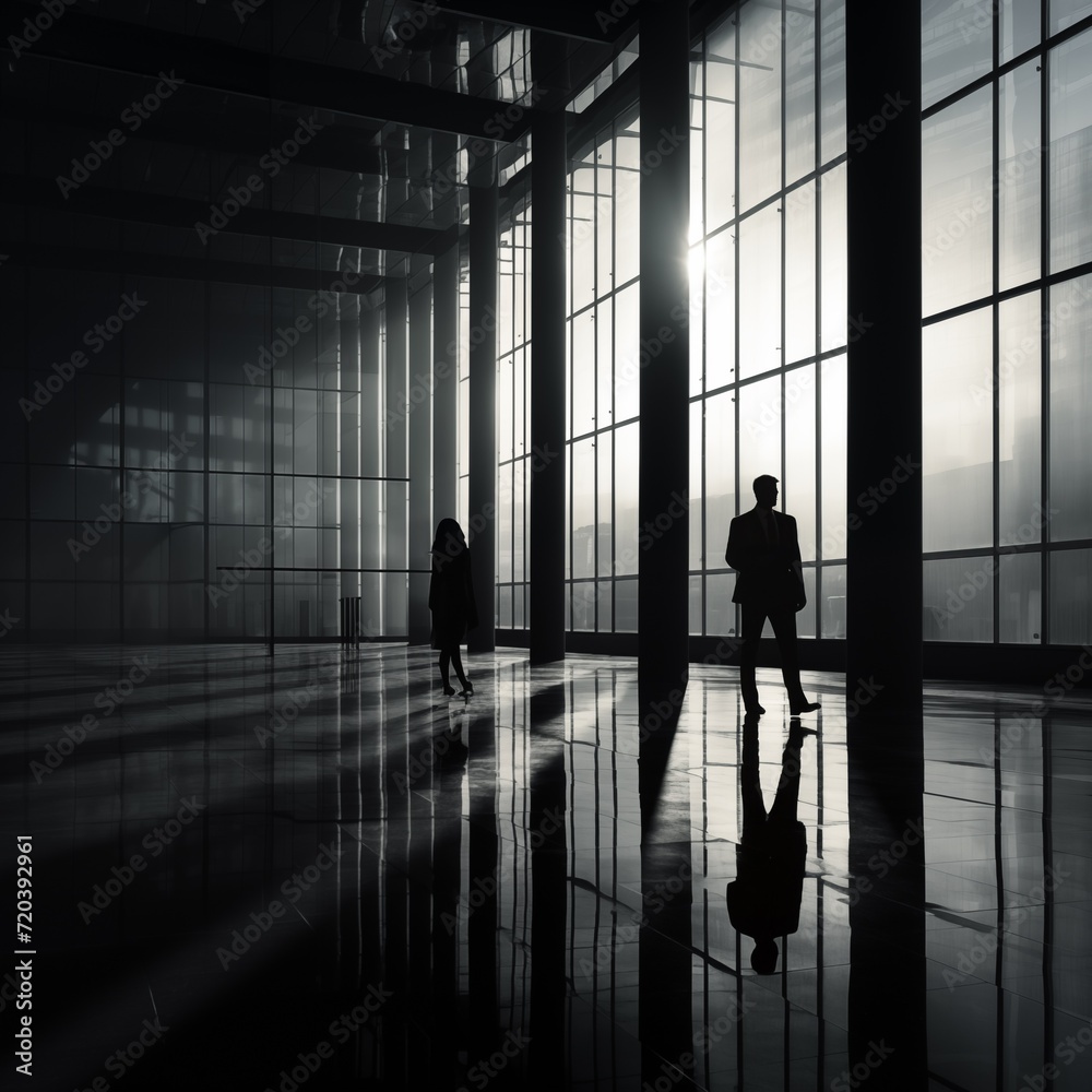 Black and white indoor photograph of a modern office building foyer with a huge glass wall, showing two people in silhouette. From the series “Art Film - Black and White, Black and white indoor photograph of a modern office building foyer with a huge glass wall, showing two people in silhouette. From the series “Art Film - Black and White,