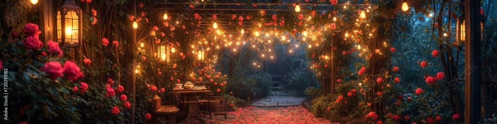 A garden with roses and lights in the evening A garden with roses and lights in the evening