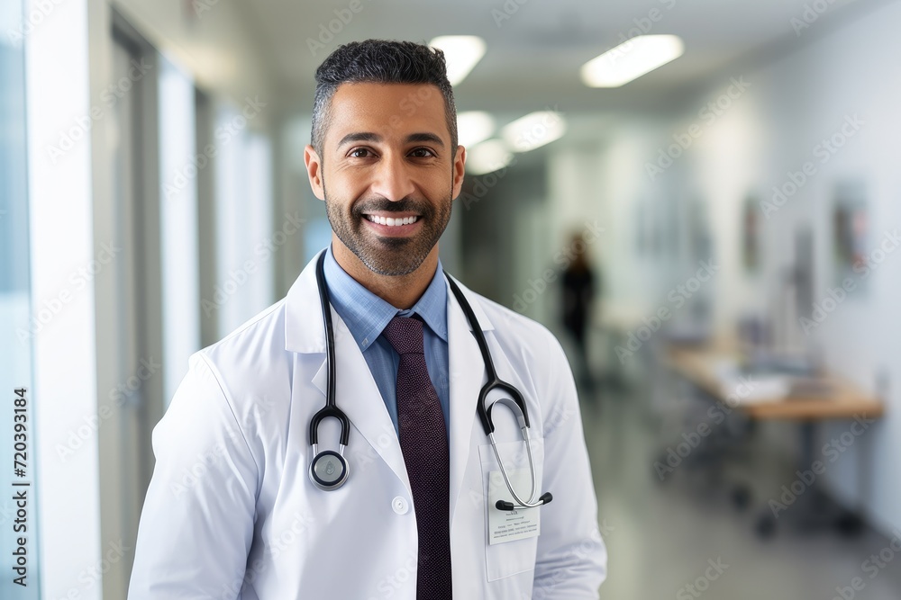 A man is seen wearing a white lab coat and tie, indicating his professional role, male doctor smiling and standing in a corridor, AI Generated A man is seen wearing a white lab coat and tie, indicating his professional role, male doctor smiling and standing in a corridor, AI Generated