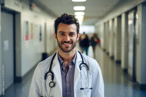 A man wearing a white coat and stethoscope stands in a hallway  ready to provide medical care  male doctor smiling and standing in a corridor  AI Generated