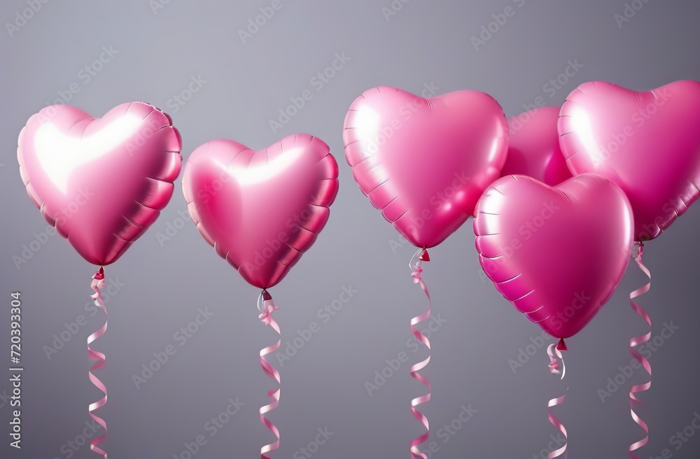 Pink heart shaped shiny balloons with copy space on gray plain background. Festive backdrop. Set of foil balloons with curly ribbons. Valentine's Day, wedding, birthday party decoration. Front view.