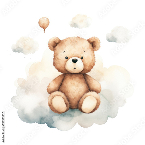 Watercolor cute teddy bear seating on a cloud white background