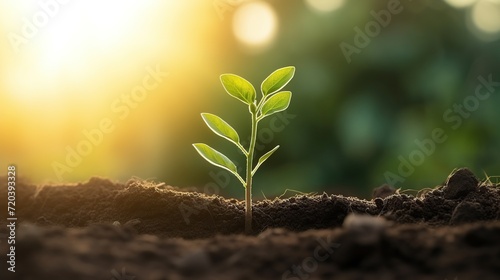 A small plant grows in soil against a blurred backdrop of vegetation  illuminated by gentle sun rays.