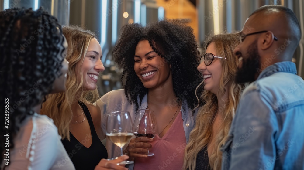 A group of people standing next to each other holding wine glasses A group of people standing next to each other holding wine glasses