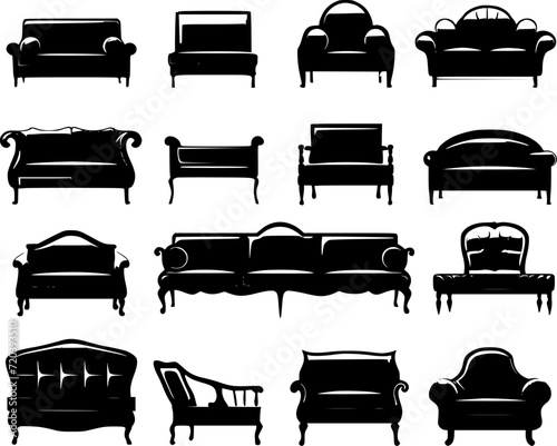 furniture, icon, sofa, vector, chair, bed, set, interior, home, table, icons, illustration, design, silhouette, office, room, armchair, lamp, house, desk, kitchen, couch, symbol, collection, seat, cup
