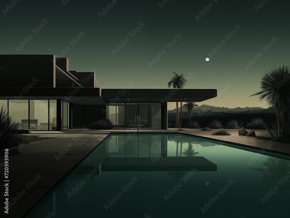 Outdoor color photograph of a midcentury modern house of cement and glass with a swimming pool in front, at dusk. From the series “Abstract Architecture.