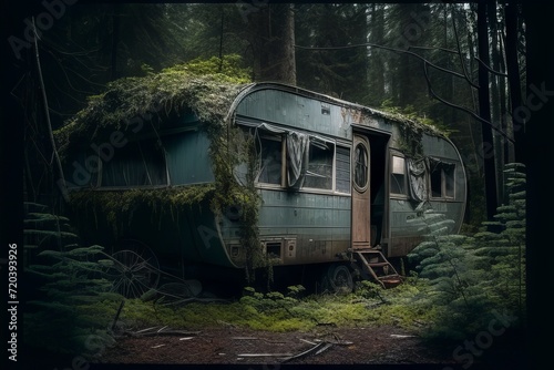 Realistic outdoor color photo of an abandoned house trailer in the woods, half ruined and overgrown with branches and bushes. From the series “Trouble."