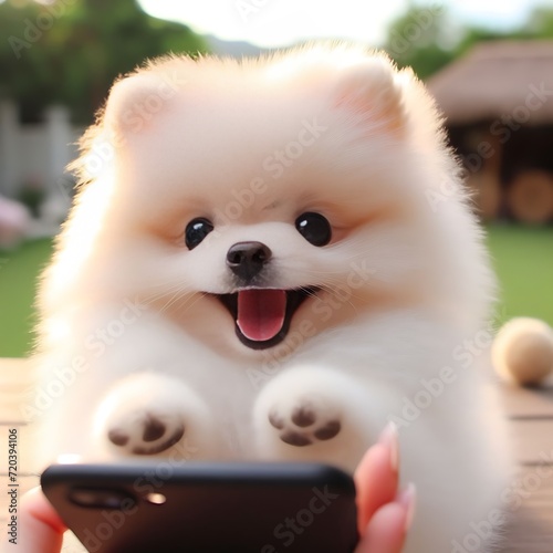 dog pomeranian Cute playing on mobile