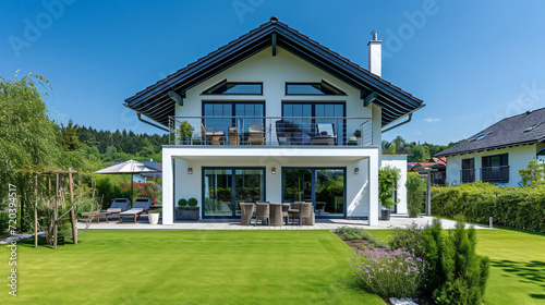 Idyllic German Home: Bright Facade with Lush Green Grass in Perfect Weather © Nico Vincentini