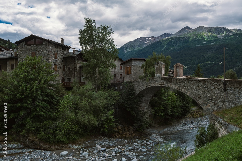 View of Bormio village in the Alps mountains, Lombardia region of north Italy