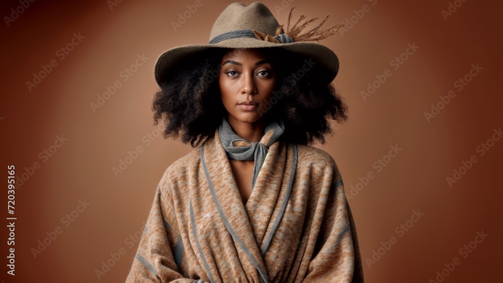 A woman with an afro wearing a tan hat and matching tan coat. A woman with an afro wearing a tan hat and matching tan coat.