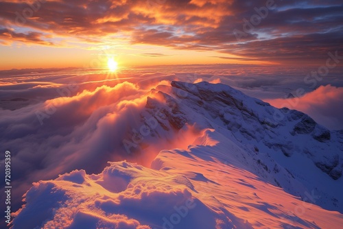 splendid snowy mountain top above the clouds, dramatic sky © World of AI