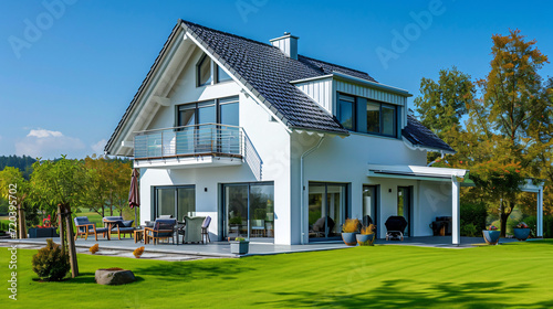 Idyllic German Home  Bright Facade with Lush Green Grass in Perfect Weather