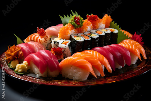 A beautifully arranged plate of sushi with various types