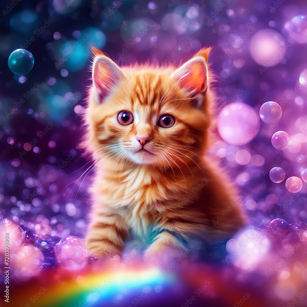 Cute red cat among colorful bubbles.