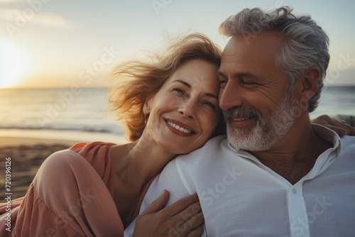 A touching moment captured as a man and woman share a heartfelt hug on the sandy shore., Middle age cuddling couple enjoying time on beach, AI Generated