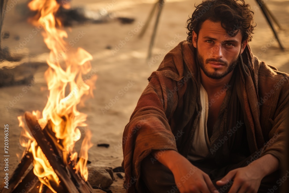 A man sits outdoors in front of a fire, finding comfort and relaxation in the warmth it provides., Middle easterner youthful man sitting around campfire within the forsake, AI Generated
